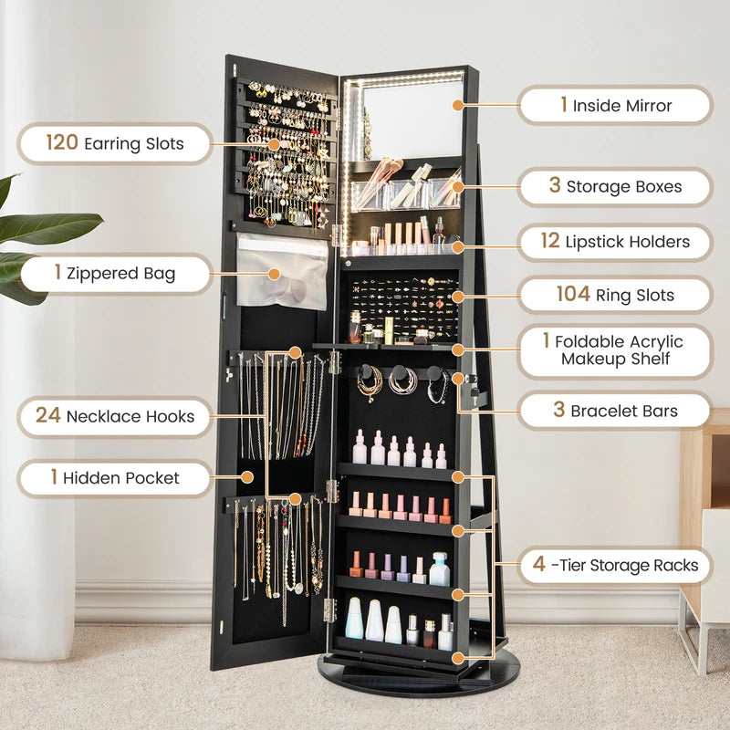 360-Degree Mirrored Jewelry Armoire with 3-Color Auto-on LED Lights-Black