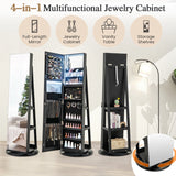 360-Degree Mirrored Jewelry Armoire with 3-Color Auto-on LED Lights-Black