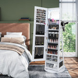 Lockable 360 Swivel Jewelry Cabinet with Full-Length Mirror LED Lights-White
