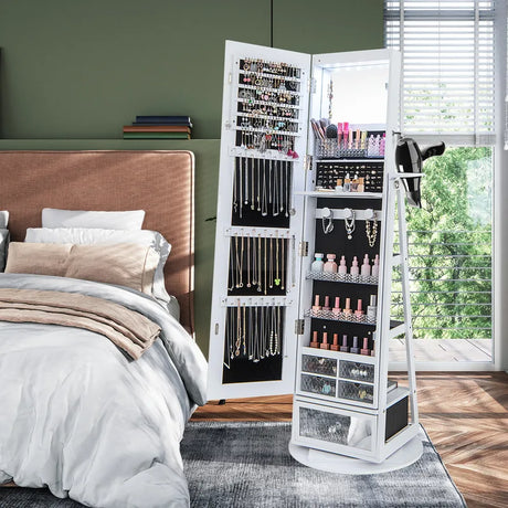 Lockable 360 Swivel Jewelry Cabinet with Full-Length Mirror LED Lights-White