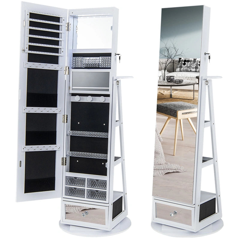 Lockable 360 Swivel Jewelry Cabinet with Full-Length Mirror LED Lights-White