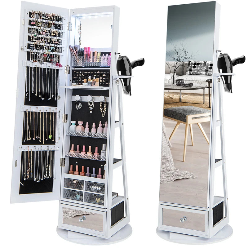Lockable 360 Swivel Jewelry Cabinet with Full-Length Mirror LED Lights-White