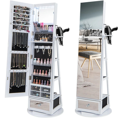 Lockable 360 Swivel Jewelry Cabinet with Full-Length Mirror LED Lights-White