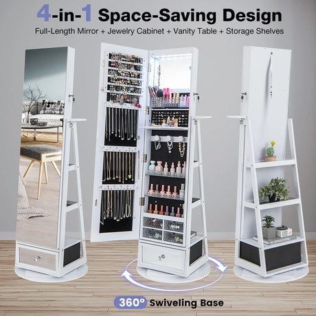 Lockable 360 Swivel Jewelry Cabinet with Full-Length Mirror LED Lights-White