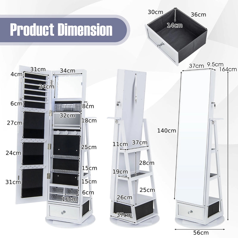 Lockable 360 Swivel Jewelry Cabinet with Full-Length Mirror LED Lights-White