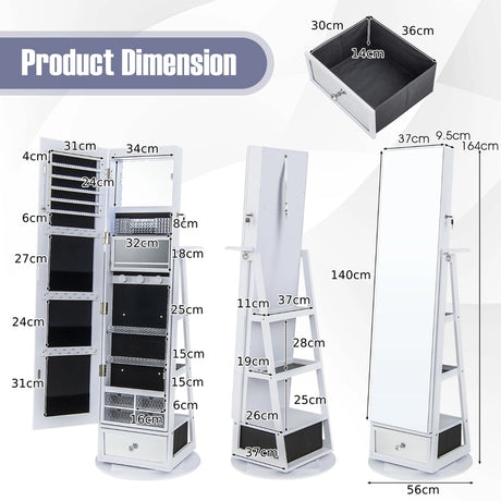 Lockable 360 Swivel Jewelry Cabinet with Full-Length Mirror LED Lights-White