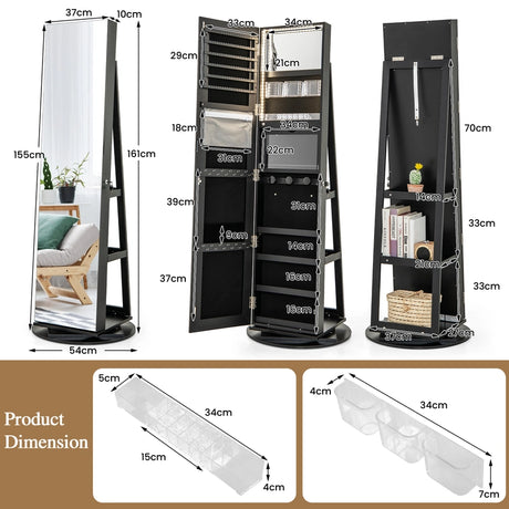 360-Degree Mirrored Jewelry Armoire with 3-Color Auto-on LED Lights-Black