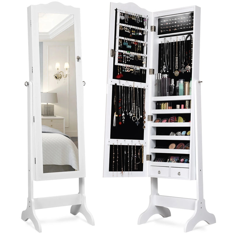 Free Standing Jewelery Cabinet with 14 LED Lights Lockable 4 Angle Adjustable White