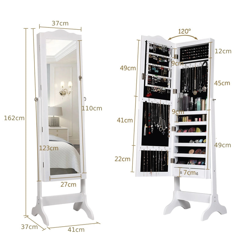 Free Standing Jewelery Cabinet with 14 LED Lights Lockable 4 Angle Adjustable White
