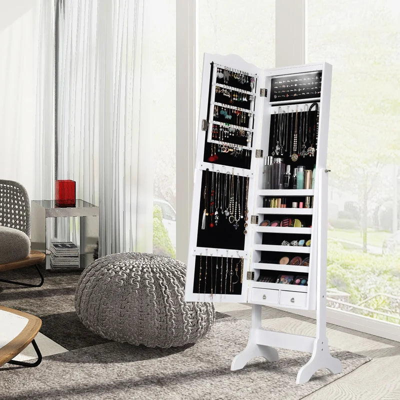 Free Standing Jewelery Cabinet with 14 LED Lights Lockable 4 Angle Adjustable White