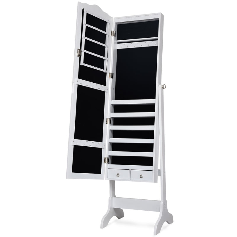 Free Standing Jewelery Cabinet with 14 LED Lights Lockable 4 Angle Adjustable White