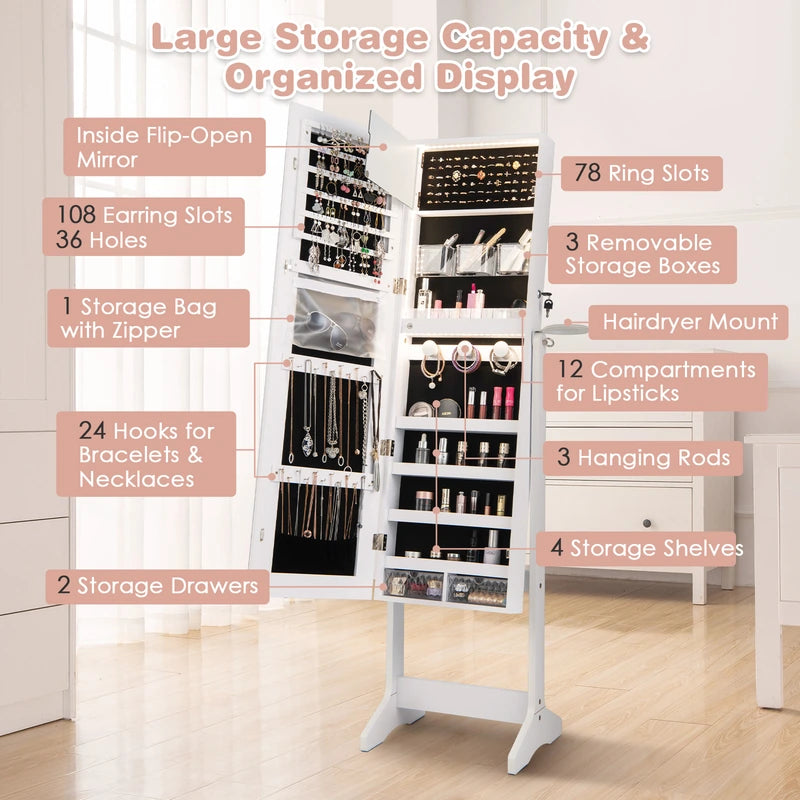 LED jewelry cabinet with full-length mirror and make-up mirror 41 x 37 x 156 cm white
