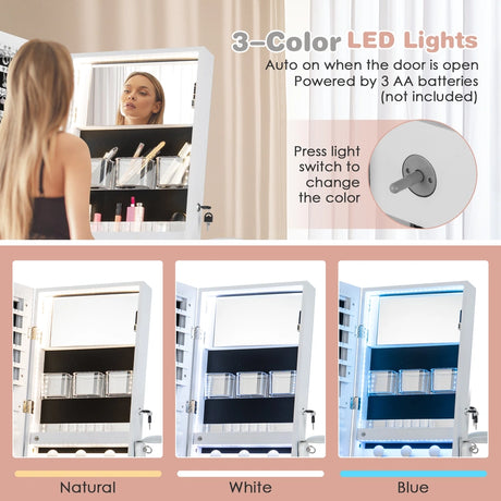 LED jewelry cabinet with full-length mirror and make-up mirror 41 x 37 x 156 cm white