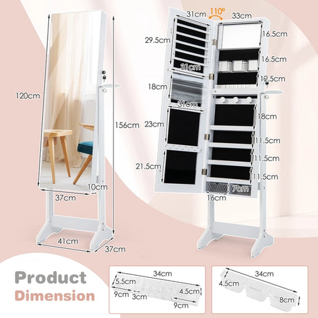LED jewelry cabinet with full-length mirror and make-up mirror 41 x 37 x 156 cm white