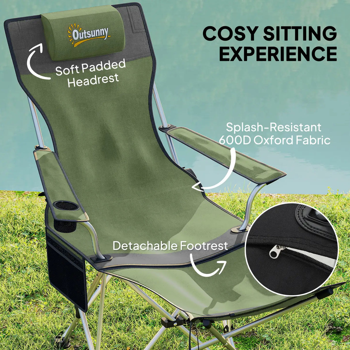 Outsunny Set of 2 Reclining Folding Camping Chair w/ Detachable Footrest, Storage Bag, Cup Holder & Headrest, Lightweight Portable Camp Chair for Beach, Picnic, Olive Green and Grey