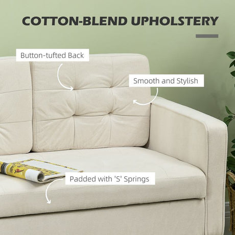 HOMCOM Modern Loveseat Sofa, Compact 2 Seater Sofa with Hidden Storage, 117cm Tufted Cotton Couch with Wood Legs, Cream White