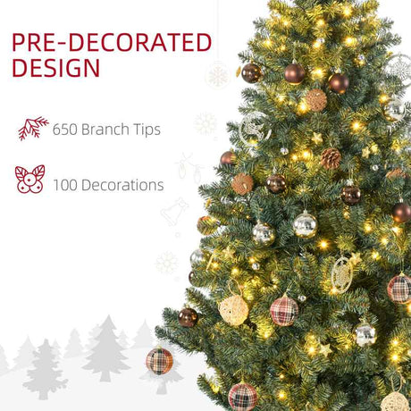 HOMCOM 6' Artificial Prelit Christmas Trees Holiday Décor with Warm White LED Lights, Decoration, Banner, Tag, Ball