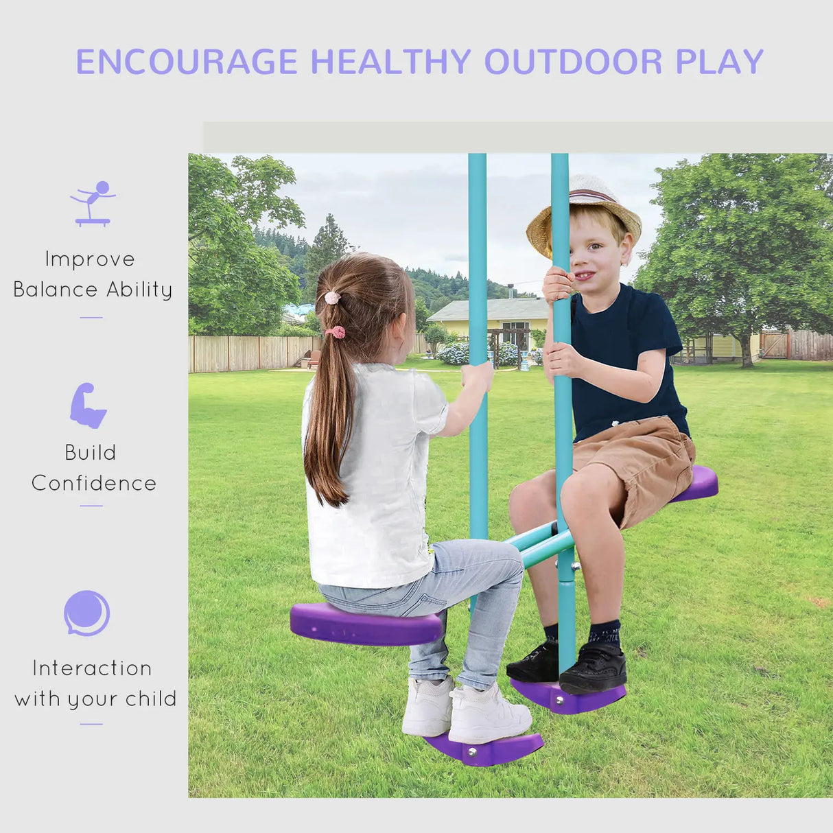 Outsunny Metal Swing Set, with Seesaw, Adjustable Height, for Ages 3+ Years, Purple