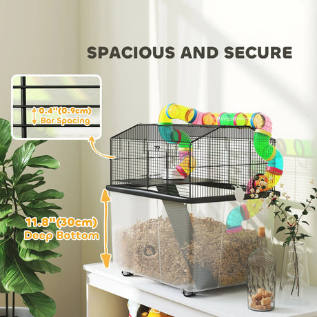 PawHut Two-Tier Hamster Cage with 31cm Deep Tray, Tube System, Water Bottle, Ramp, Feeding Bowl, Multicoloured