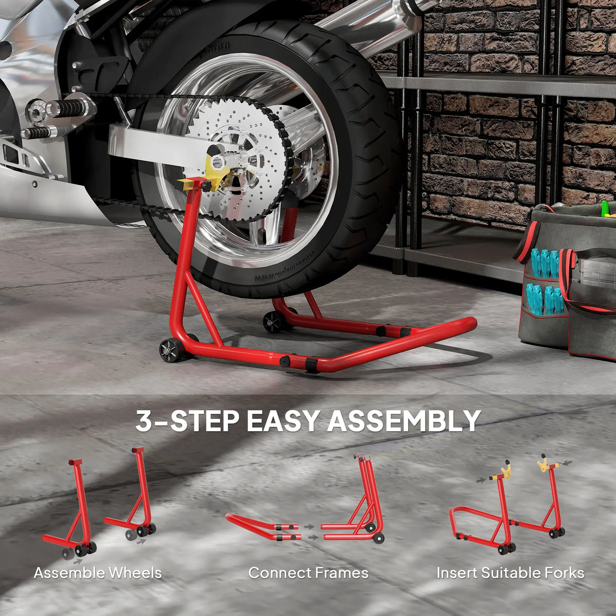 HOMCOM Motorcycle Rear Wheel Stand, 544 kg Capacity Heavy Duty Steel Motorbike Motorcycle Paddock Stand Lift with Adjustable U + L Forks, Wheels, Non-Slip Pads for Workshop Garage Repair, Red