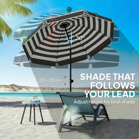 Outsunny 1.8 m Beach Umbrella Parasol with Sand Anchor, Portable 30 Tilting Patio Sun Shade with Adjustable Height, Grey/White