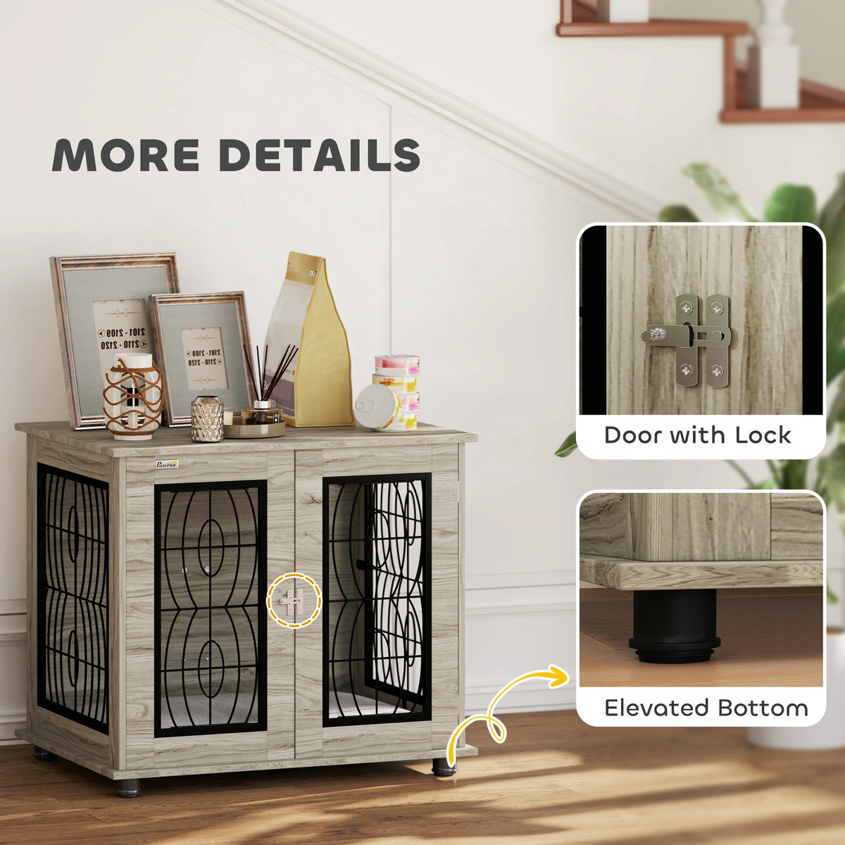 PawHut Indoor Dog Crate Furniture End Table with Soft Washable Cushion, Lockable Front Door, for Medium Dogs - Black