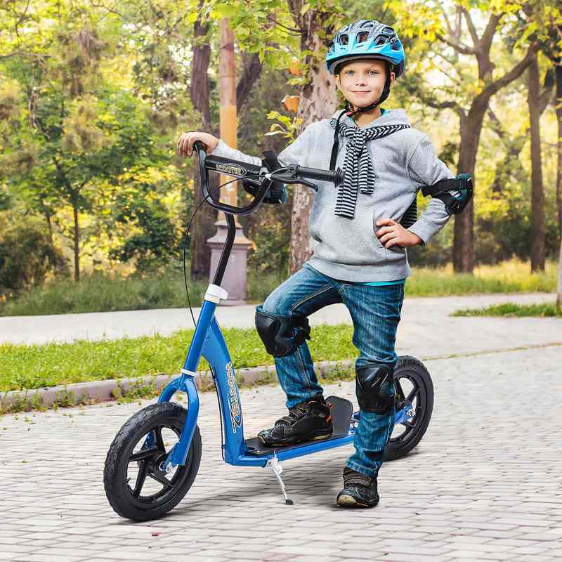 HOMCOM Kids Scooter Kick Scooter with 12" EVA Tyres, Rear Brake, Big Wheels Scooter for 5-12 Years Old, Blue