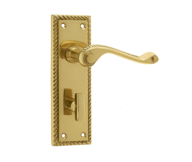 Georgian Suite Door Handle on Bathroom Plate Polished Brass