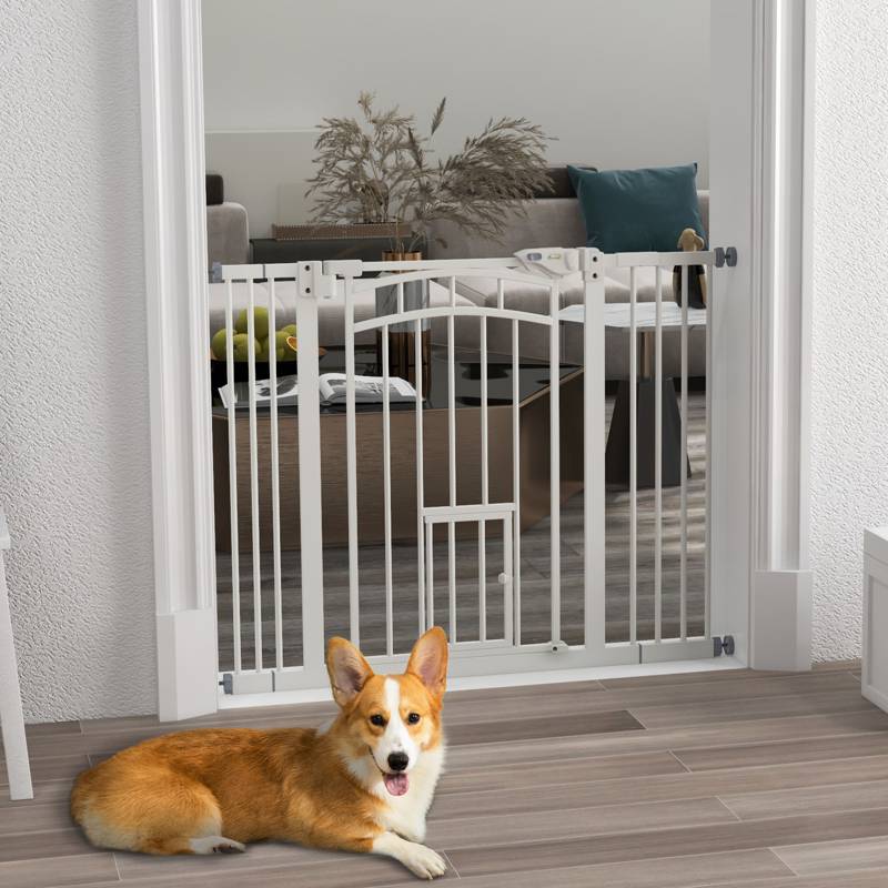 PawHut Pressure Fit Stair Dog Gate w/ Small Cat Door, Automatic Closing Door, Double Locking, for 74-100cm Openings - White