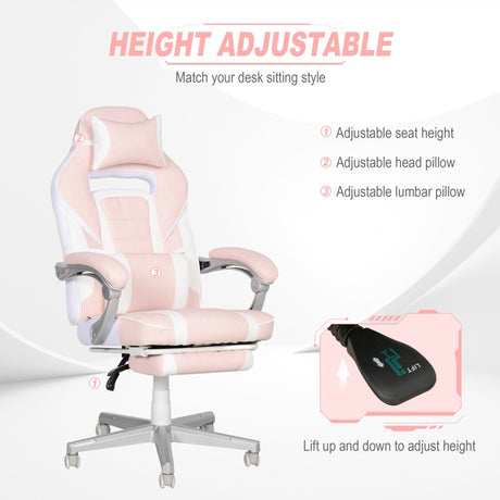 HOMCOM Faux Leather Reclining Gaming Chair, with Footrest - Pink/White