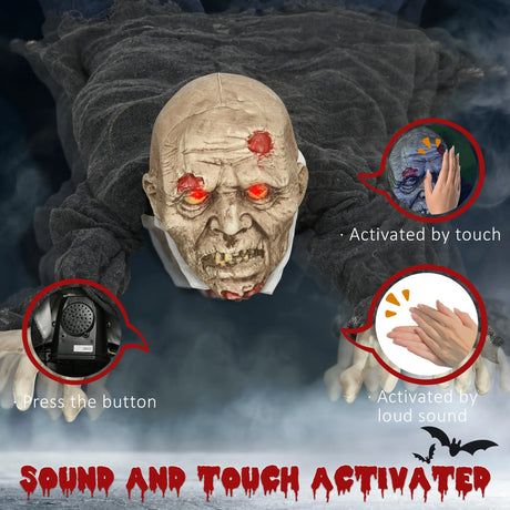 HOMCOM 5.2ft Life Size Outdoor Halloween Decoration Crawling Zombie, Animated Prop Decor with Sound and Motion Activated, Light Up Eyes, Howling Sound, Posable Arms