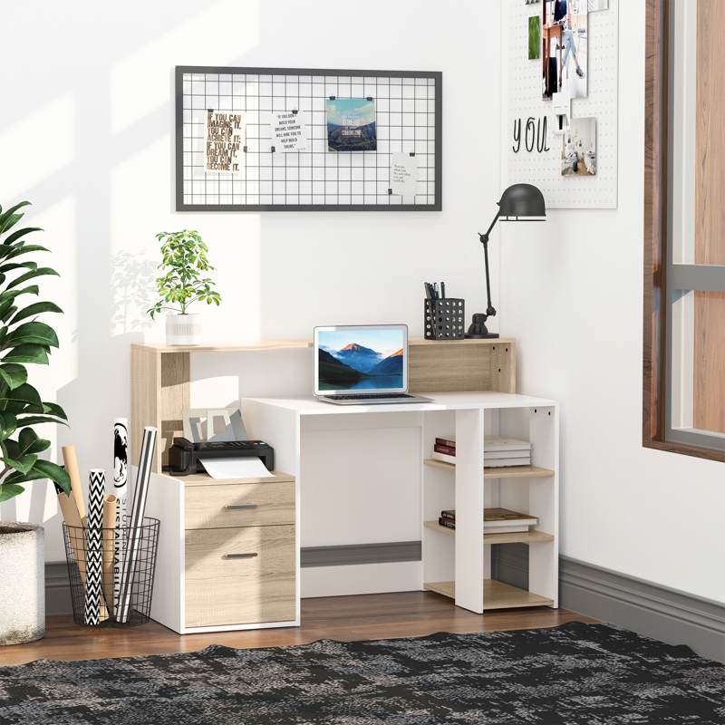 HOMCOM Computer Desk with Drawers and Storage Shelves, Reception Desk, Study Workstation for Home Office, 137 x 55 x 92cm, Oak and White