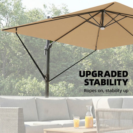 Outsunny 3 x 3 m Garden Cantilever Parasol with Light, Cover, Overhanging Umbrella w/ Wind Protection, 360 Rotation, Khaki