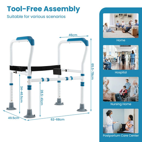 Toilet Safety Rail with Adjustable Height for Elderly-Blue