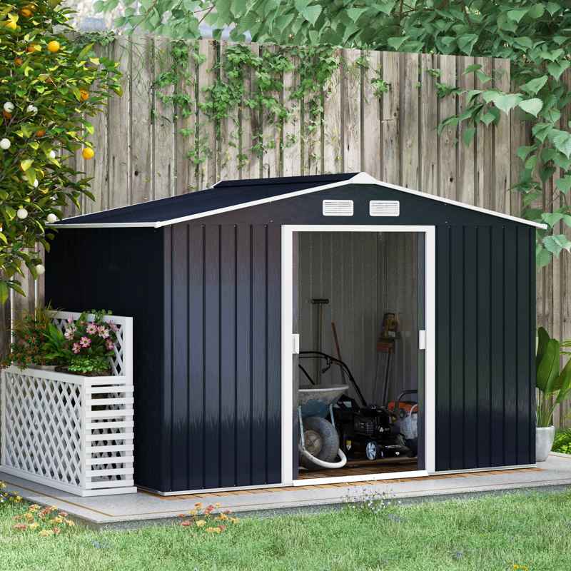 Outsunny 9 x 6ft Metal Garden Shed, Outdoor Storage Tool House with Ventilation Slots, Foundation Kit and Lockable Double Doors, Dark Grey