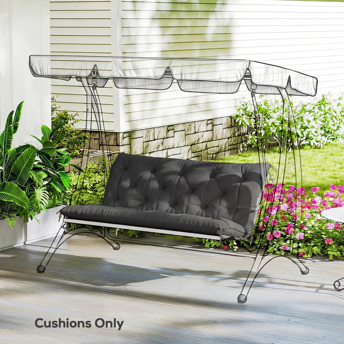 Outsunny Garden Bench Cushion, 2 Seater Swing Chair Cushion, Seat Pad with Ties for Indoor and Outdoor Use, 110 x 120 cm, Black