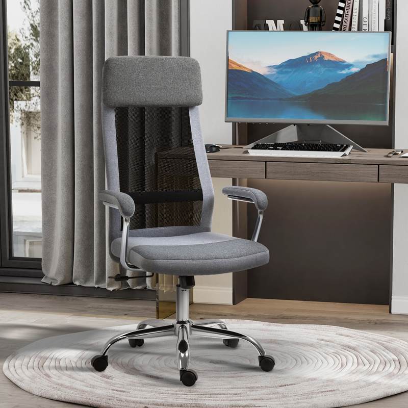 Vinsetto Office Chair, Ergonomic Desk Chair, High Back Computer Chair with Adjustable Height, Swivel Rolling Wheels, Mesh Back and Linen-Feel Fabric Seat for Home and Study, Grey