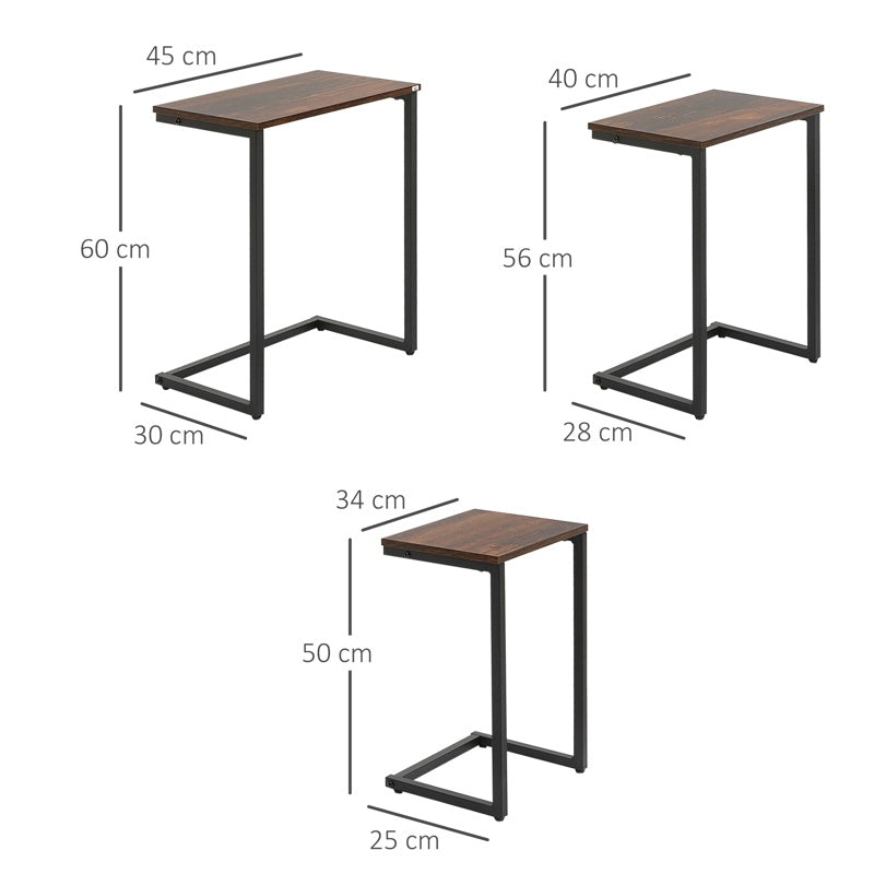 HOMCOM Nesting Side Tables Set of 3, C-Shaped Snack Side Tables with Steel Frame for Sofa Couch and Bed, Rustic Brown