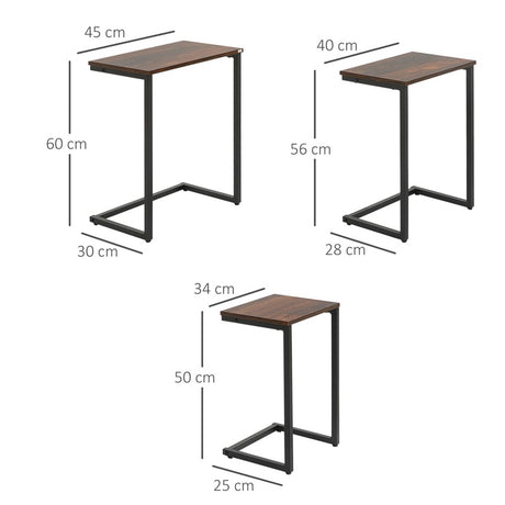 HOMCOM Nesting Side Tables Set of 3, C-Shaped Snack Side Tables with Steel Frame for Sofa Couch and Bed, Rustic Brown