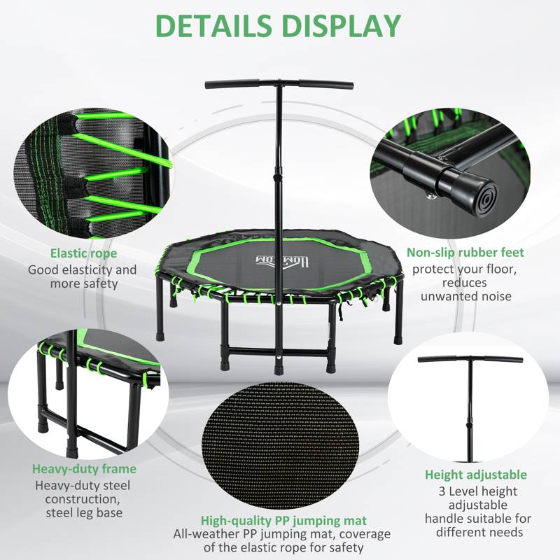 HOMCOM 48" Octagonal Mini Fitness Rebounder Trampoline Indoor Outdoor Foldable Mini Jumper with Adjustable Handle, Green