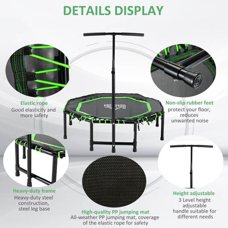 HOMCOM 48" Octagonal Mini Fitness Rebounder Trampoline Indoor Outdoor Foldable Mini Jumper with Adjustable Handle, Green