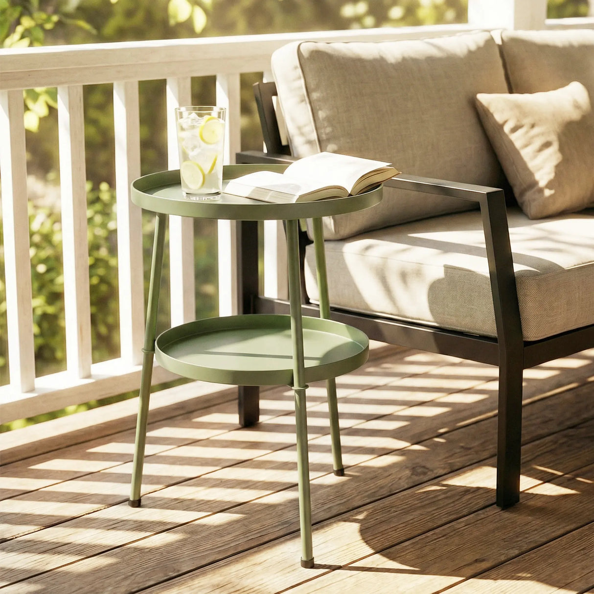 Outsunny Patio Side Table, 2-Tier Round Coffee End Table for Garden Balcony Living Room Bedroom, Light Green