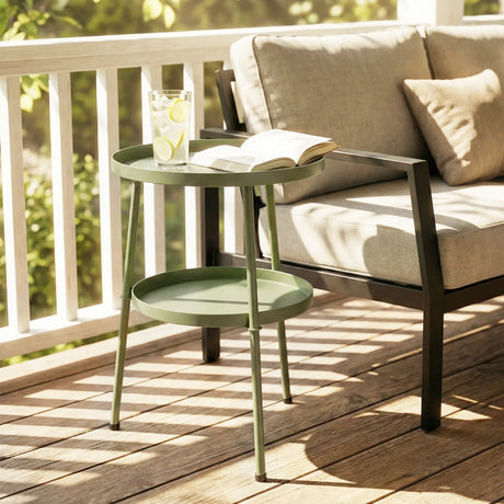 Outsunny Patio Side Table, 2-Tier Round Coffee End Table for Garden Balcony Living Room Bedroom, Light Green