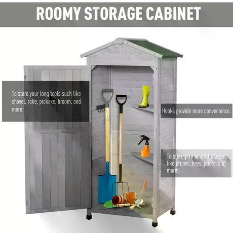 Outsunny Wooden Garden Shed, Outdoor Storage Cabinet with 2 Shelves and Hooks, Locking Organiser Outdoor Narrow Tool House, 74x55x155cm, Grey
