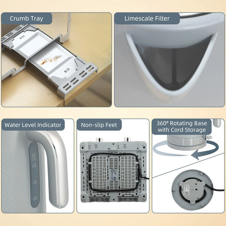 HOMCOM Sleek Textured Kettle and Four-Slice Toaster Set - Grey