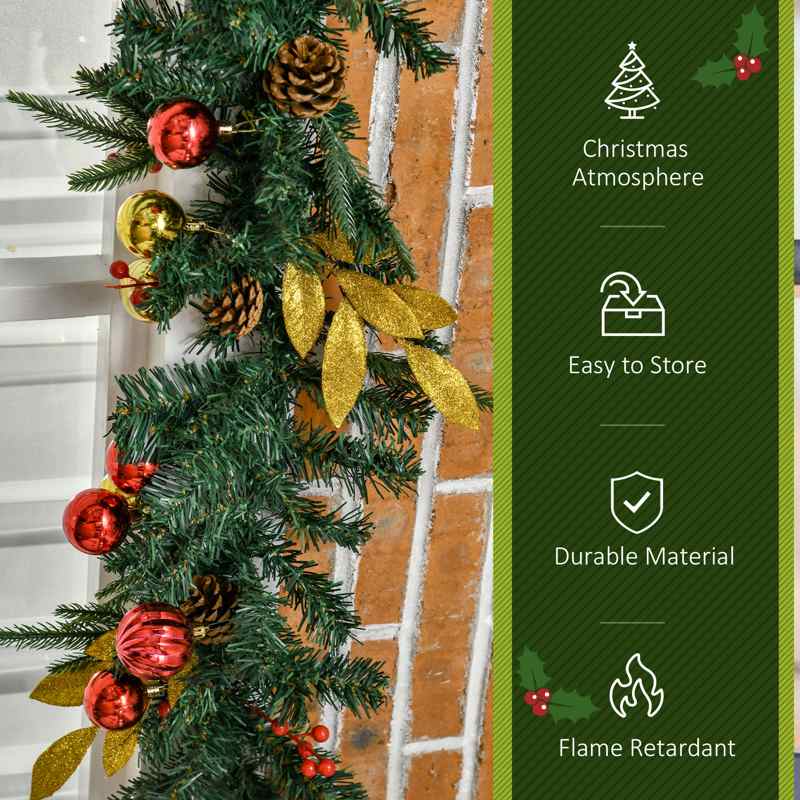 HOMCOM 2.7M Artificial Christmas Garland w/ Pine Cones Decorations Seasonal Style Beauty Home Fireplace Doors