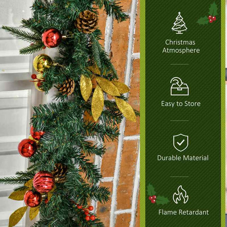 HOMCOM 2.7M Artificial Christmas Garland w/ Pine Cones Decorations Seasonal Style Beauty Home Fireplace Doors