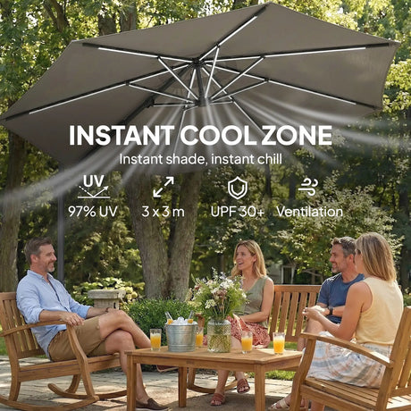 Outsunny 3 m Garden Cantilever Parasol with LED Solar Light, Round Overhanging Umbrella with 360 Rotation, Cover, Grey