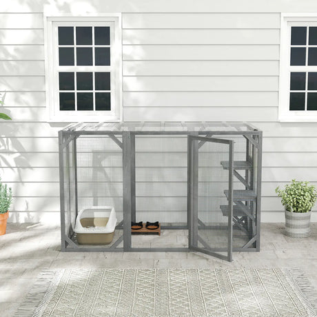 PawHut 71" Outdoor Wooden Cat House with Three Platforms, Large Door, Water-Resistant Roof, for Multiple Cats, Grey