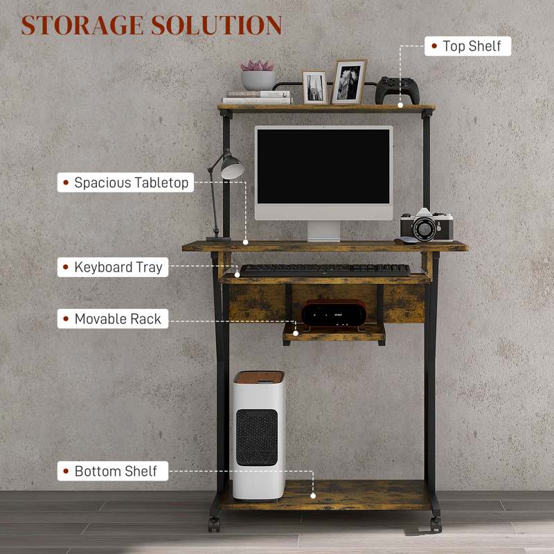 HOMCOM Multi-Storage Work Desk, with Sliding Keyboard Tray - Brown/Black